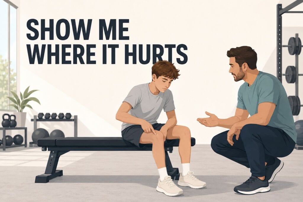 Teenager-pointing-to-knee-discomfort-during-a-conversation-with-an-adult