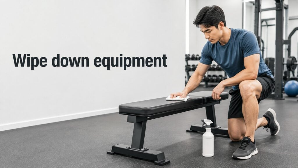 Gym-member-wiping-down-a-workout-bench-after-use