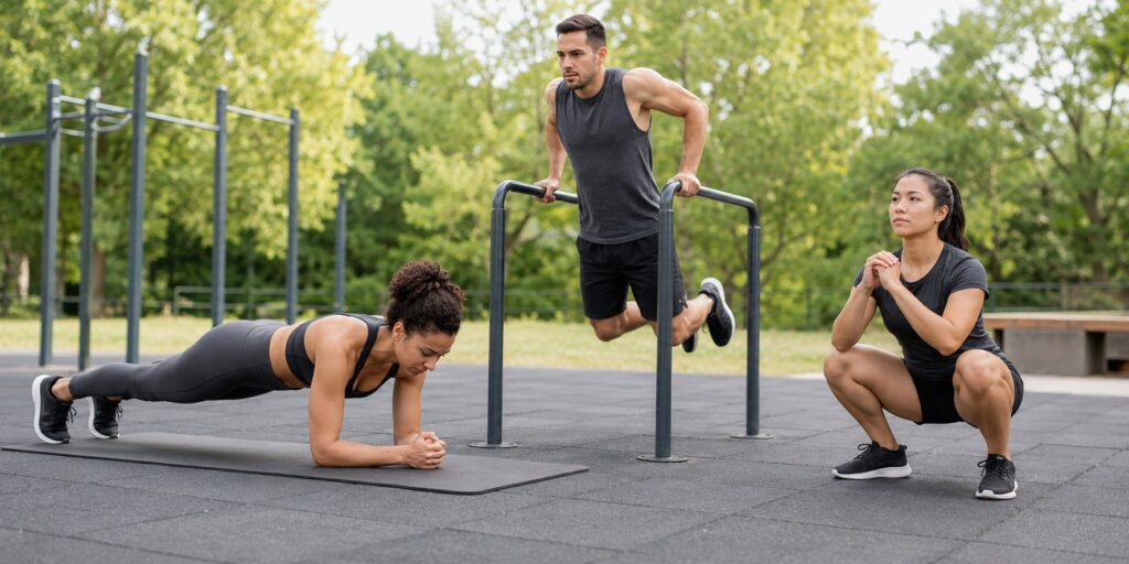 Forearm-Plank-Parallel-Bar-Dips-And-Bodyweight-Squat-At-A-Workout-Park