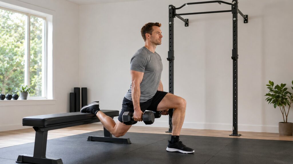 Man-Performing-A-Dumbbell-Bulgarian-Split-Squat-In-A-Home-Gym