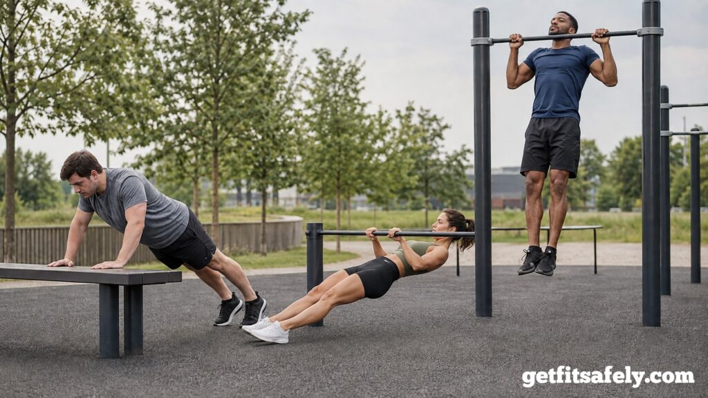 Three-People-Using-Different-Bodyweight-Exercises-In-An-Outdoor-Calisthenics-Park