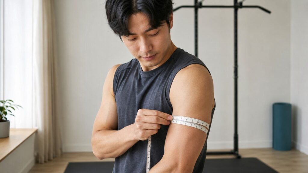 Man-Measuring-Upper-Arm-Progress-After-Consistent-Calisthenics-Training