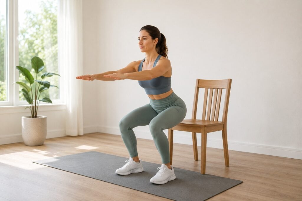 Slow-Weight-Loss-Bodyweight-Squat-With-Chair-Depth-Target