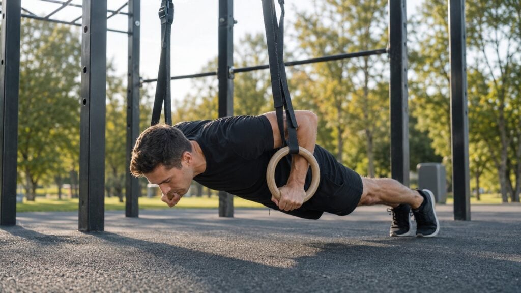 Regular-Trainee-Performing-A-Controlled-Ring-Push-Up-For-Calisthenics-Progression