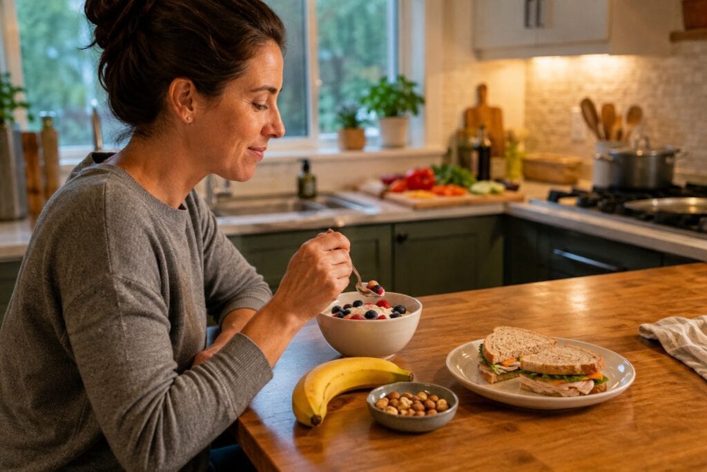 Slow-Weight-Loss-Evening-Snack-With-Greek-Yogurt-Banana-Nuts-And-Turkey-Sandwich