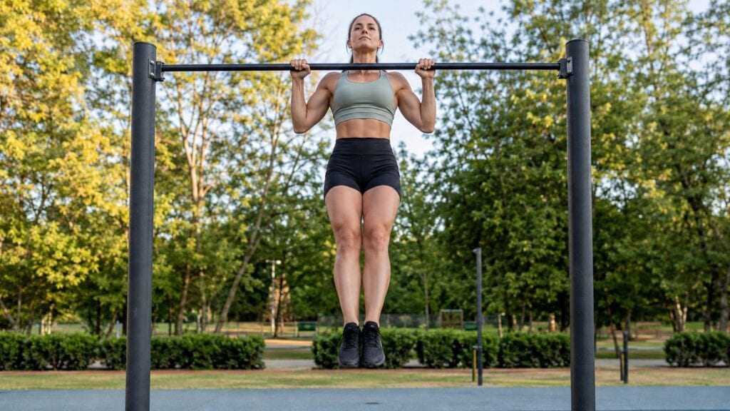 Woman-Performing-A-Strict-Controlled-Pull-Up-On-An-Outdoor-Bar