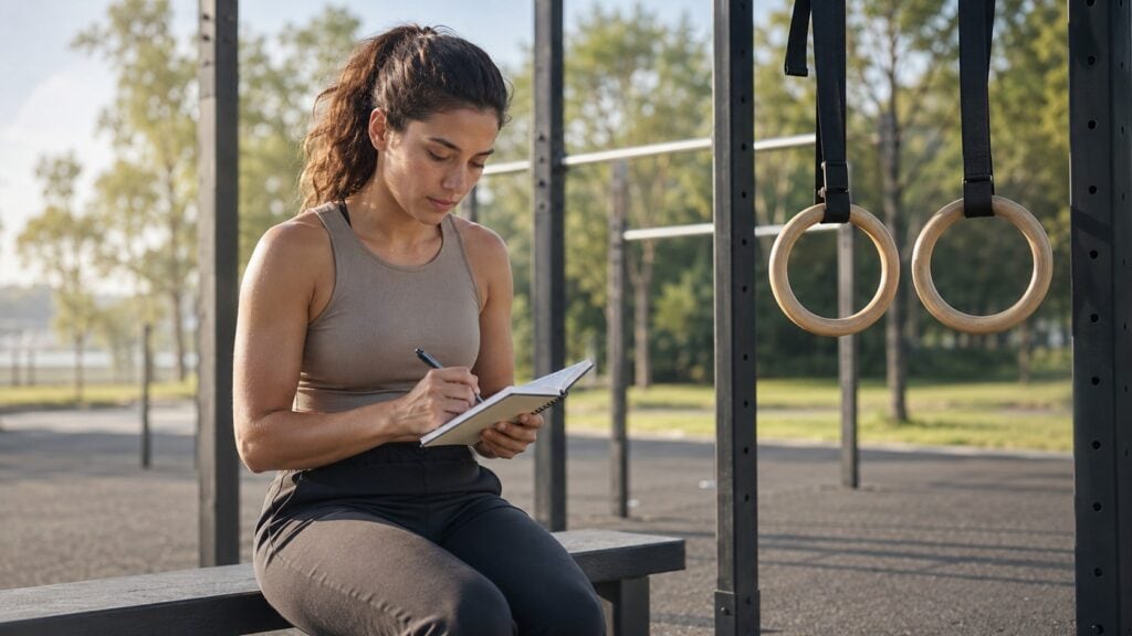 Woman-Recording-A-Workout-Log-After-A-Calisthenics-Ring-Session
