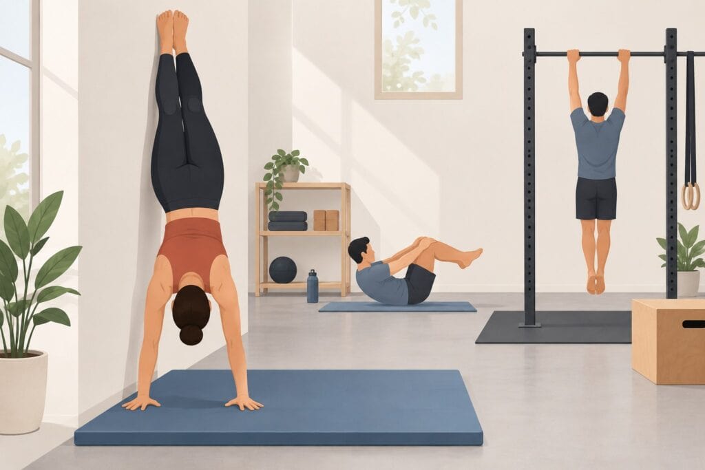Wall-Supported-Handstand-Hollow-Hold-And-Bar-Hang