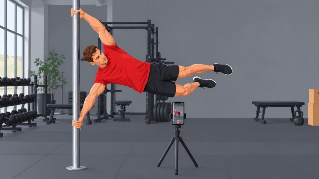 Human-flag-athlete-filming-a-hold-on-a-pole-with-a-smartphone-tripod-in-an-outdoor-calisthenics-park