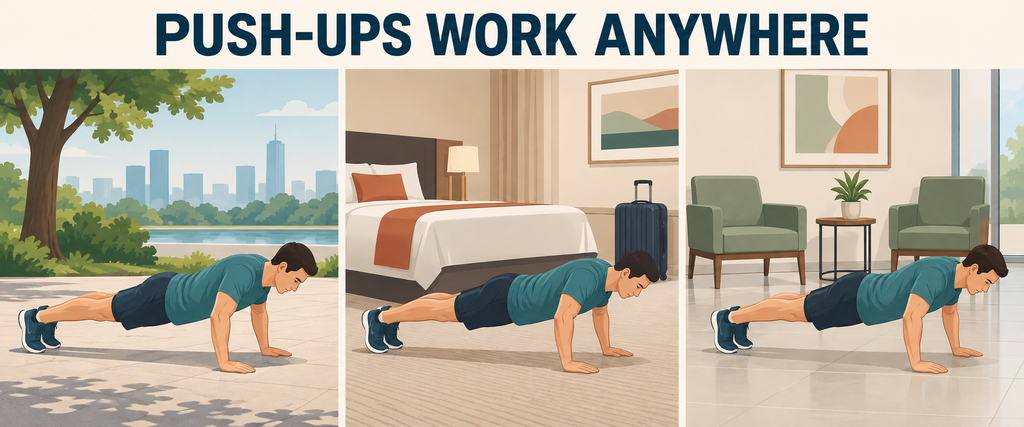 Push-ups-in-park-hotel-room-and-waiting-room