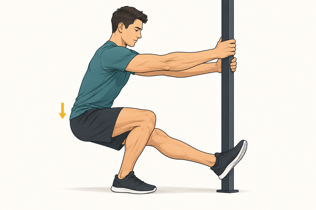 Assisted-single-leg-squat-holding-a-post-with-both-hands-for-balance