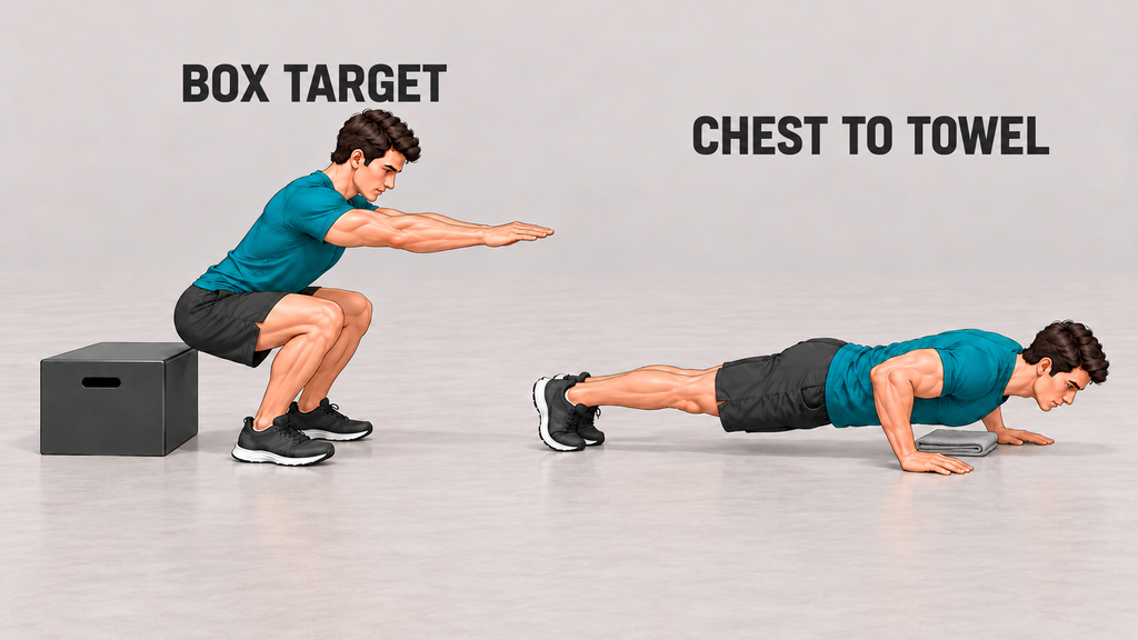 Calisthenics-range-of-motion-progression-showing-a-controlled-squat-to-a-box-and-a-floor-push-up-with-a-towel-depth-marker