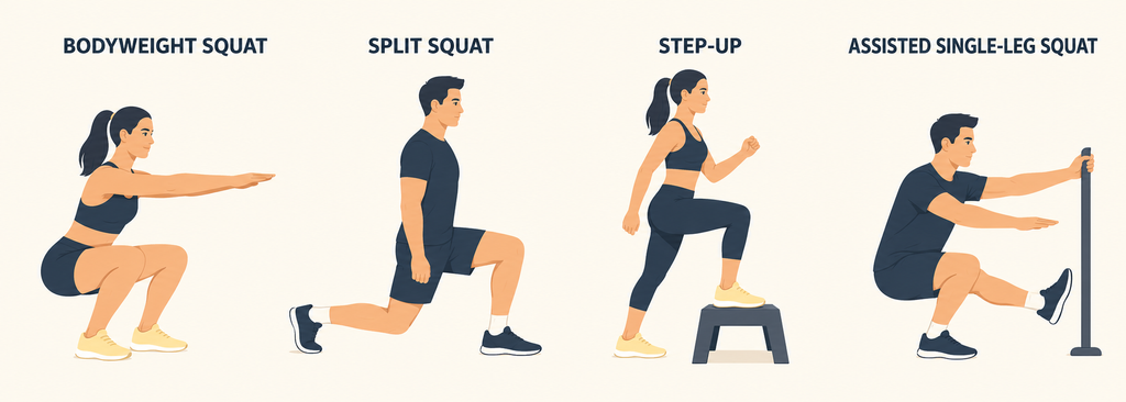 Bodyweight-squat-split-squat-step-up-assisted-single-leg-squat