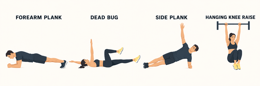 Forearm-plank-dead-bug-side-plank-hanging-knee-raise
