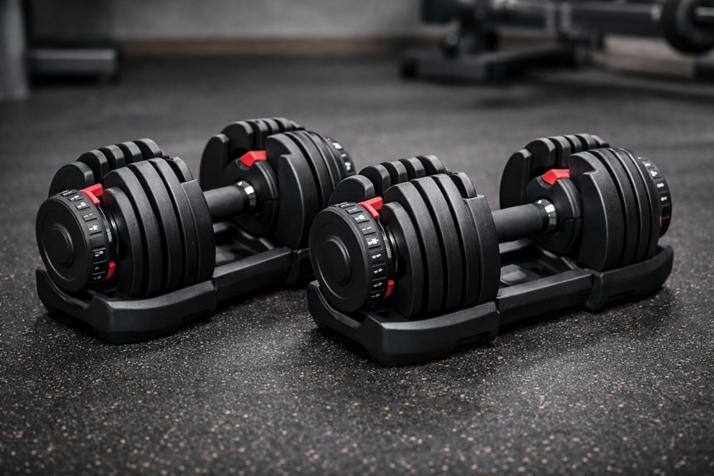 Adjustable-dumbbells-with-selector-dial-on-gym-floor