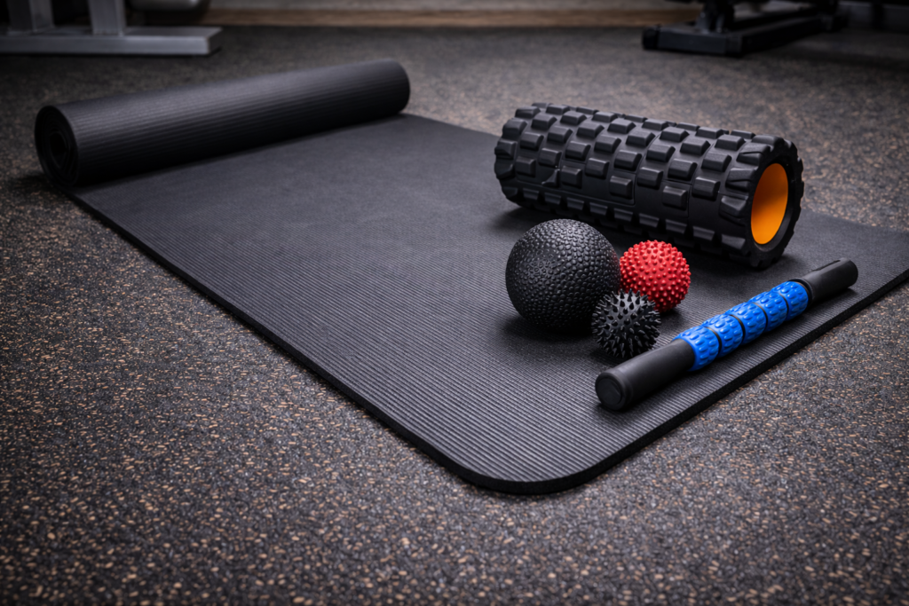 Training-mat-with-foam-roller-and-massage-tools