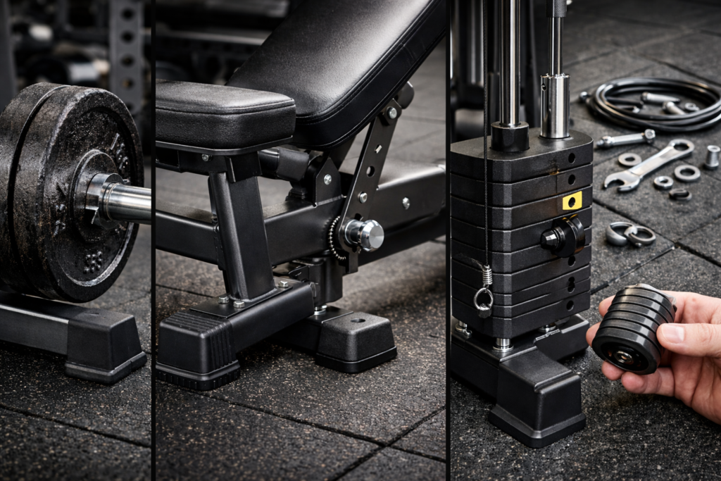 Sturdy gym equipment close-up on rubber floor