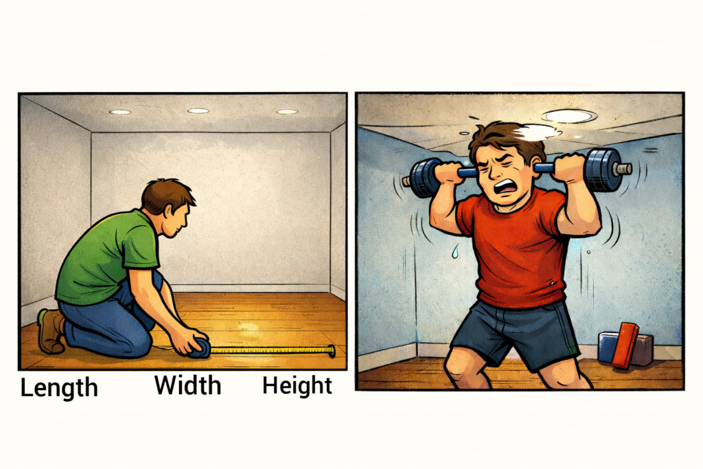 Measuring-room-space-next-to-low-ceiling-overhead-lift