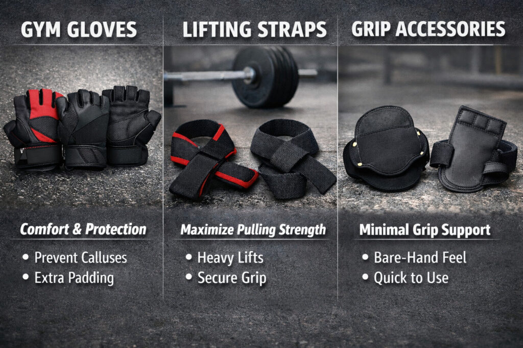 Gym-gloves-lifting-straps-and-grip-pads-on-gym-floor