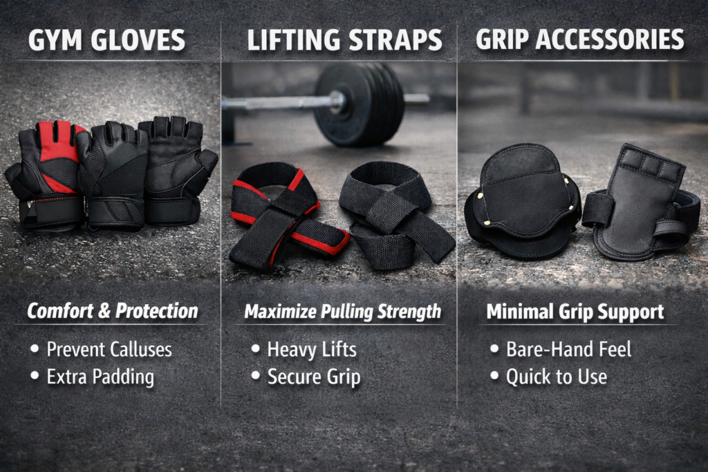 Gym-gloves-lifting-straps-and-grip-pads-on-gym-floor