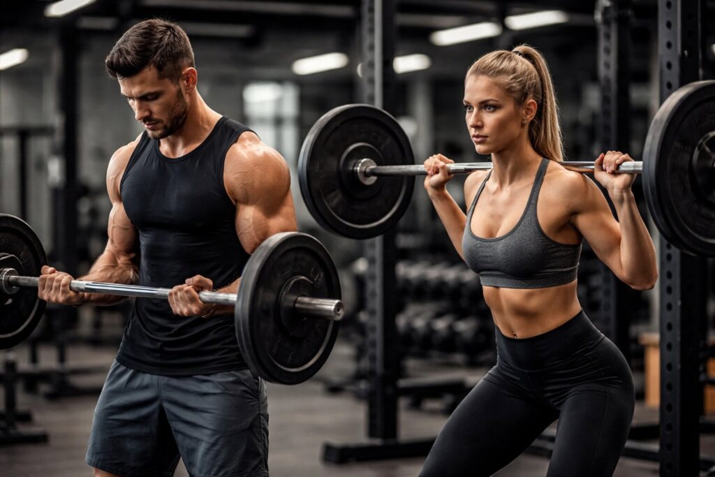 Athletes-performing-strength-training-with-barbells