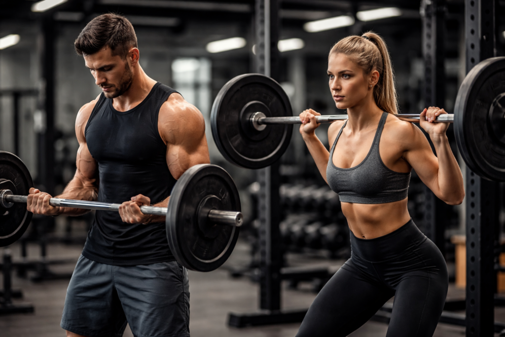 Athletes-performing-strength-training-with-barbells