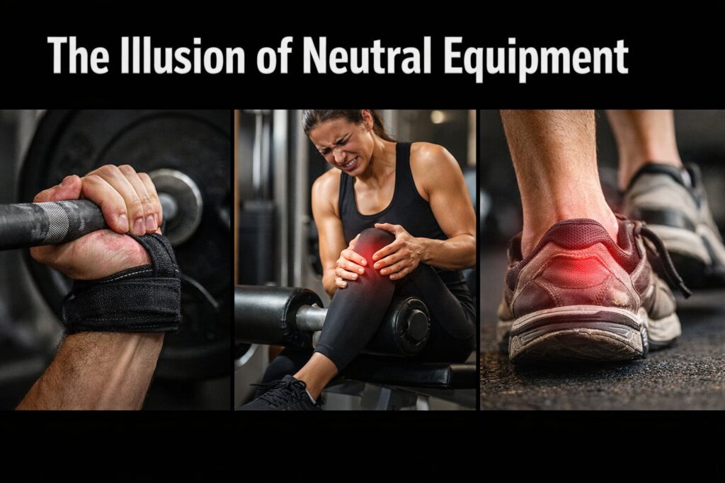 Triptych-gym-equipment-showing-hand-on-barbell-knee-pain-and-worn-shoes