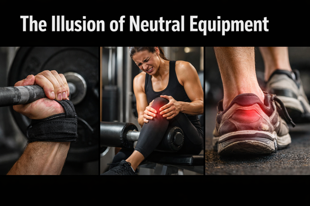 Triptych-gym-equipment-showing-hand-on-barbell-knee-pain-and-worn-shoes