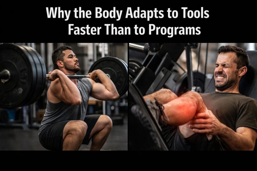 Athlete-squatting-with-barbell-contrasted-with-leg-press-discomfort