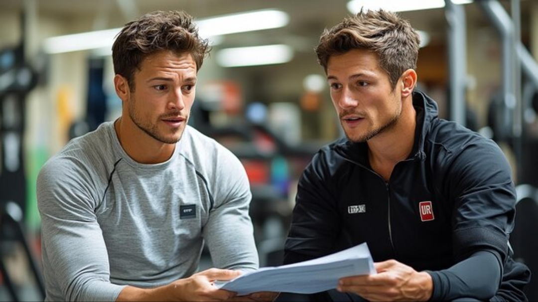 Two-fit-men-discussing-workout-plan-gym