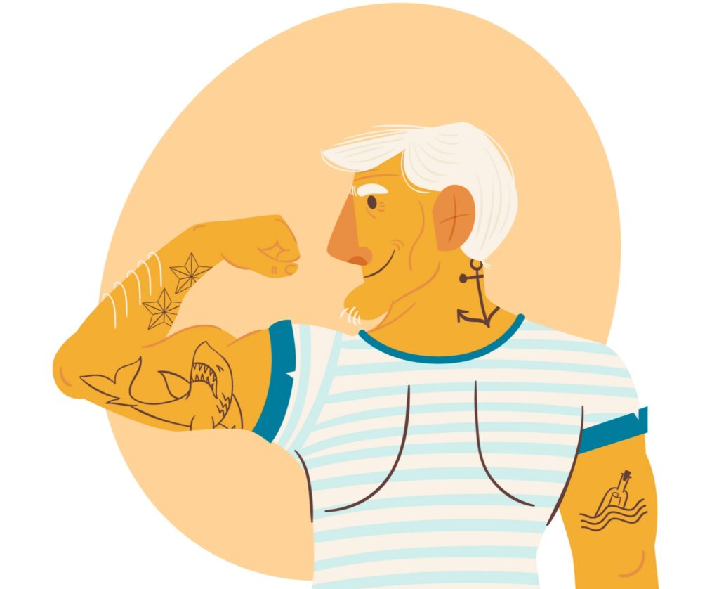 Cartoon-older-man-flexing-arm-with-tattoos-and-striped-shirt