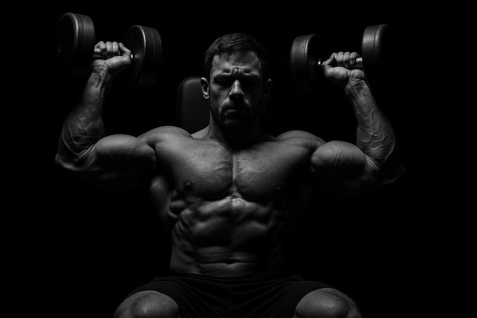 Male-athlete-training-shoulders-with-dumbbells-in-dark-gym