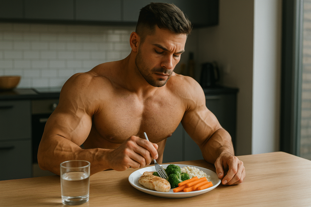 Muscular-man-clean-eating-at-kitchen-table