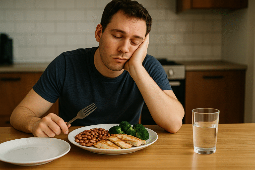 Man-eats-high-protein-meal-then-gets-sleepy-with-another-plate-full