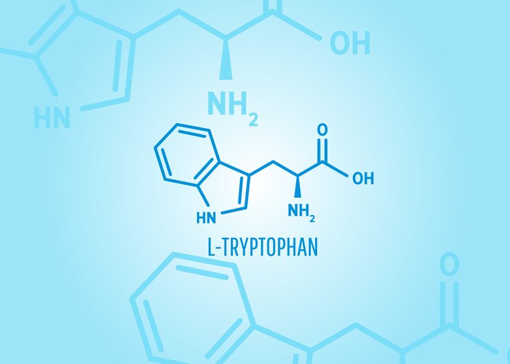 Tryptophan-skeletal-formula-structure-blue-medical-background-with-molecules