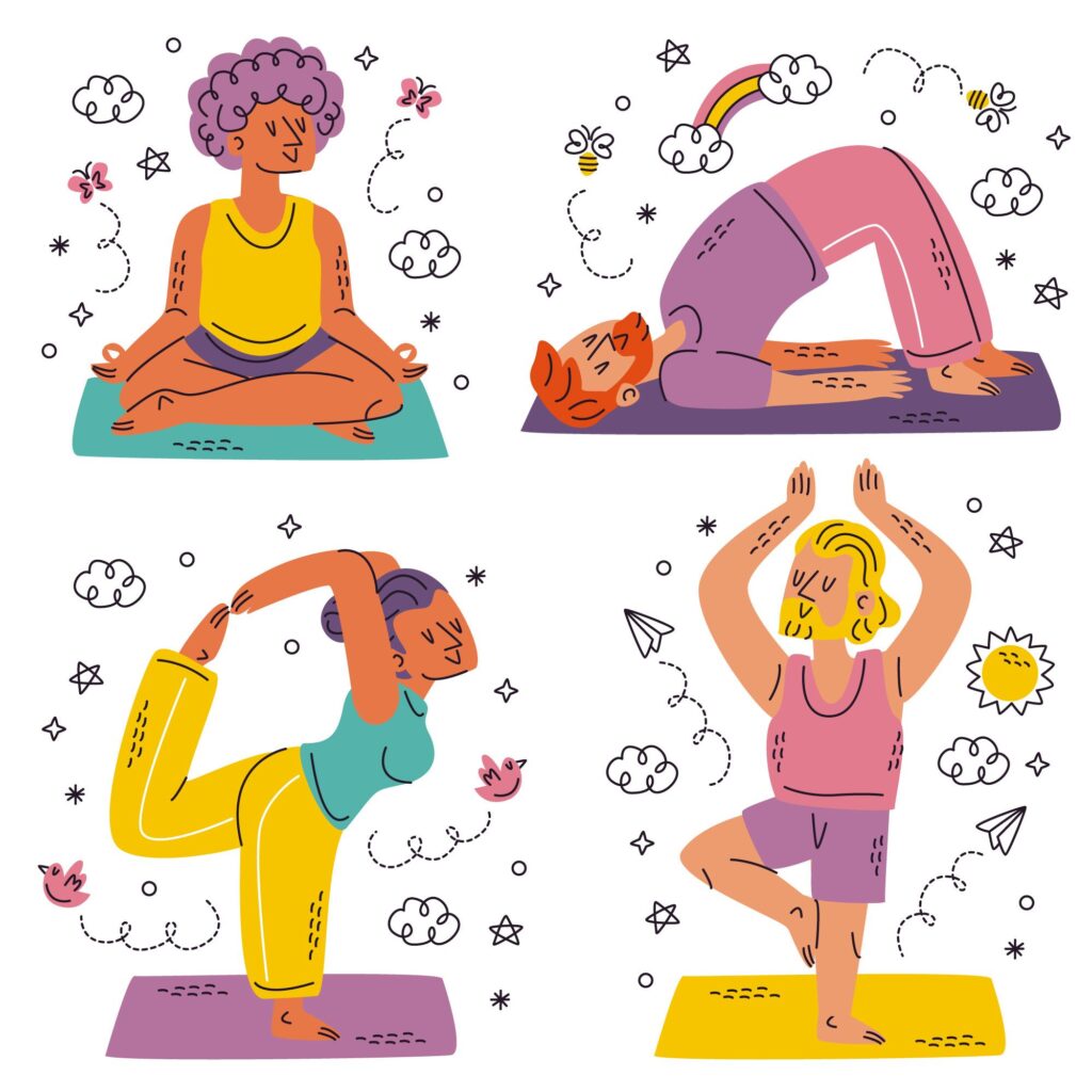 Fun-cartoon-illustration-of-people-doing-different-yoga-poses