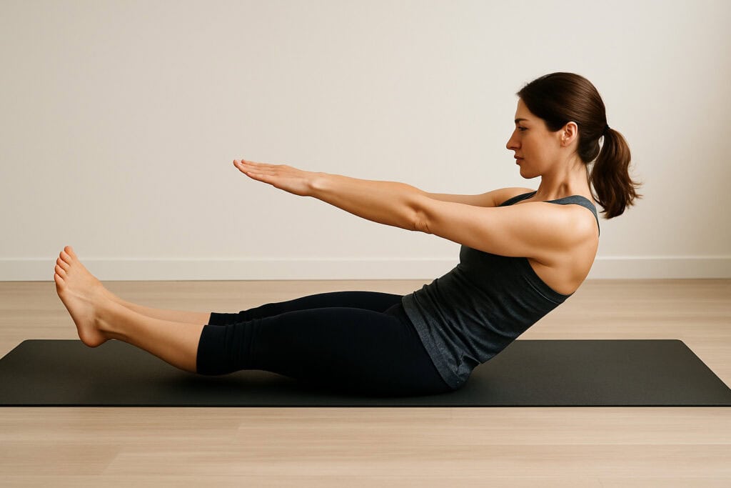 Woman-performing-pilates-roll-up-in-eccentric-phase