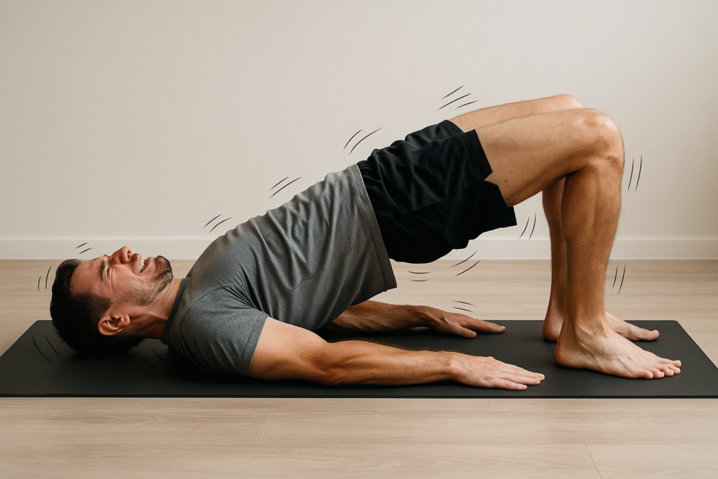 Man-performing-pilates-shoulder-bridge-shaking-from-fatigue