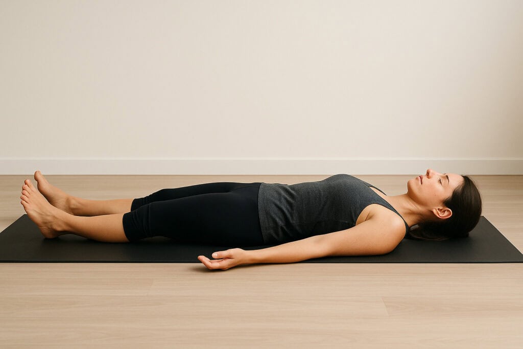 Woman-lying-in-savasana-yoga-pose-on-mat