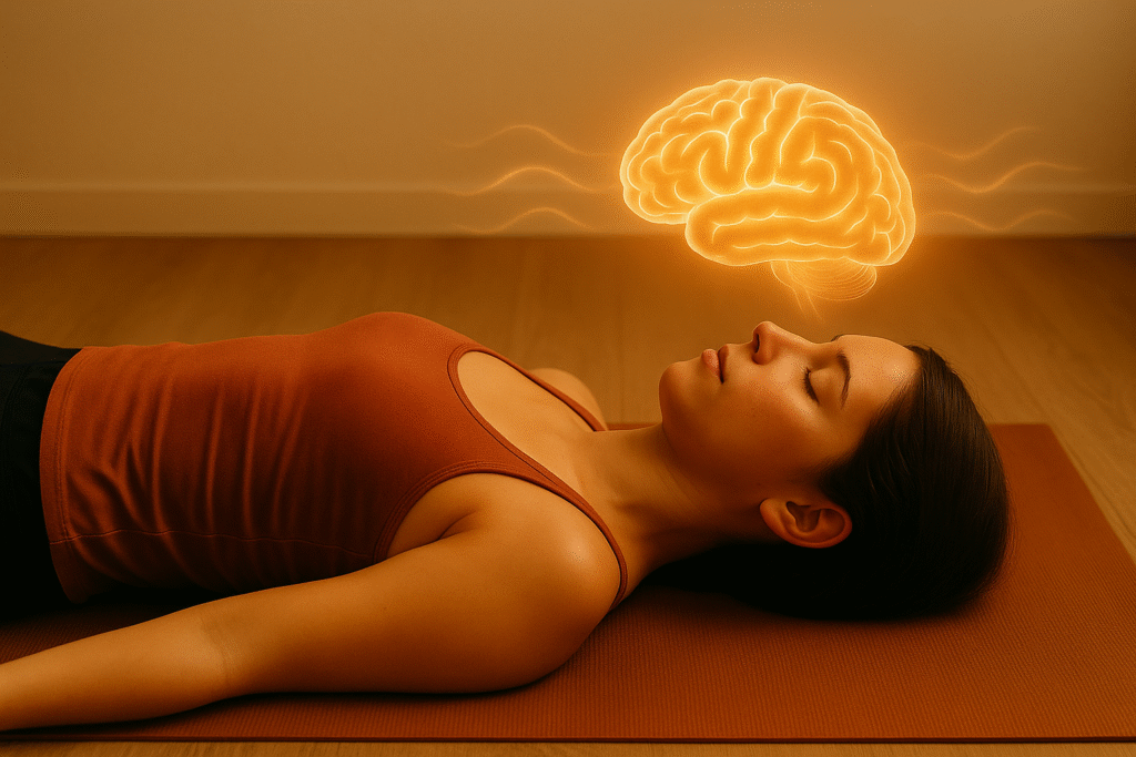 Woman-in-savasana-with-glowing-orange-brain-illustration