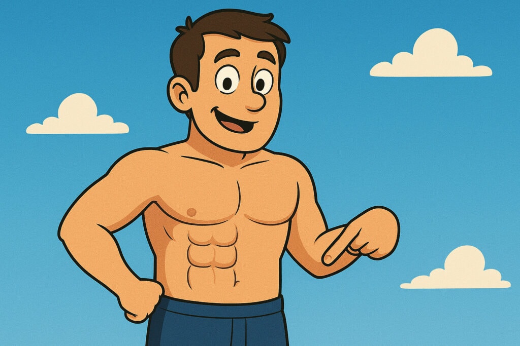 Cartoon-style-man-pointing-at-uneven-abs-under-blue-sky