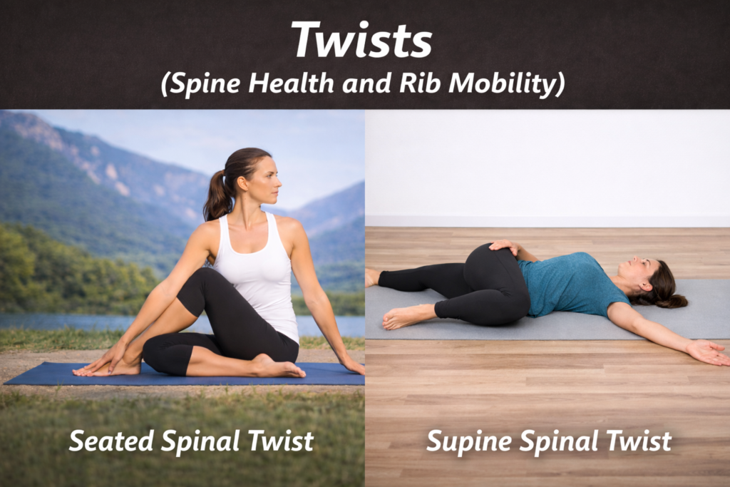 Seated-And-Supine-Spinal-Twist-Poses-On-Yoga-Mat