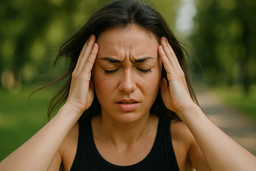 Outdoor-yoga-woman-dizzy-head