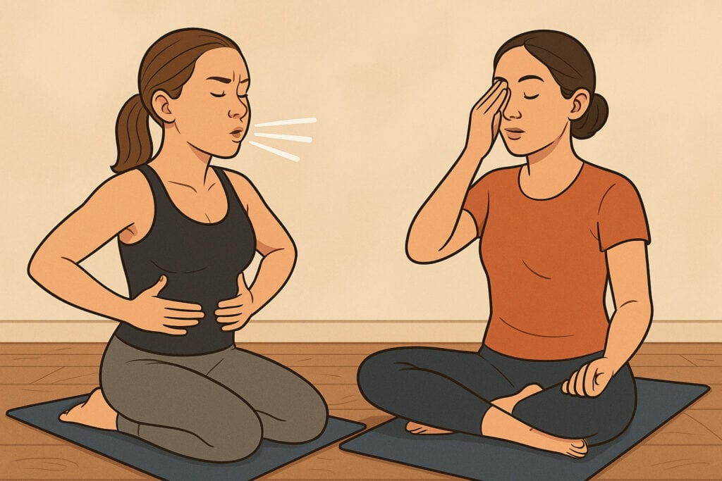 Two-women-practicing-pilates-and-yoga-breathing-side-by-side