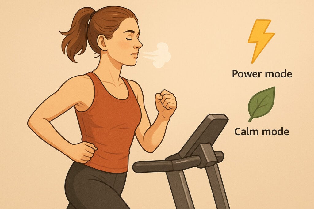 Woman-running-on-treadmill-switching-between-power-mode-lightning-and-calm-mode