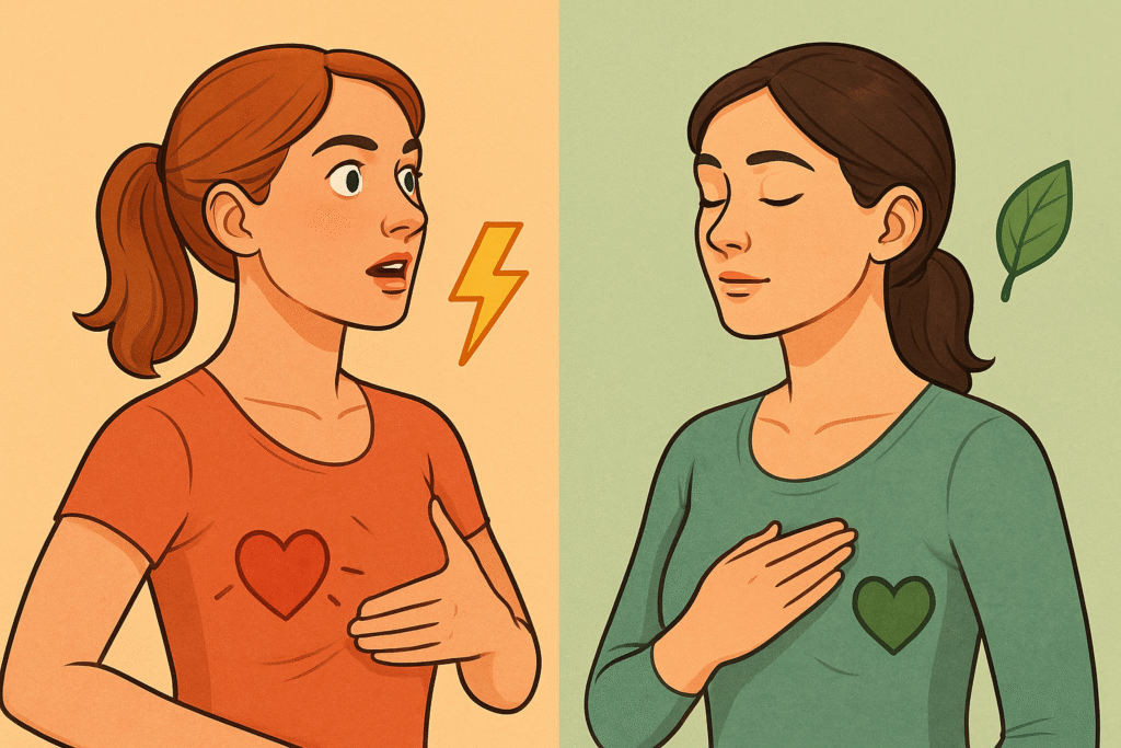 Woman-showing-sympathetic-breathing-alert-with-lightning-vs-woman-showing-parasympathetic-breathing-calm