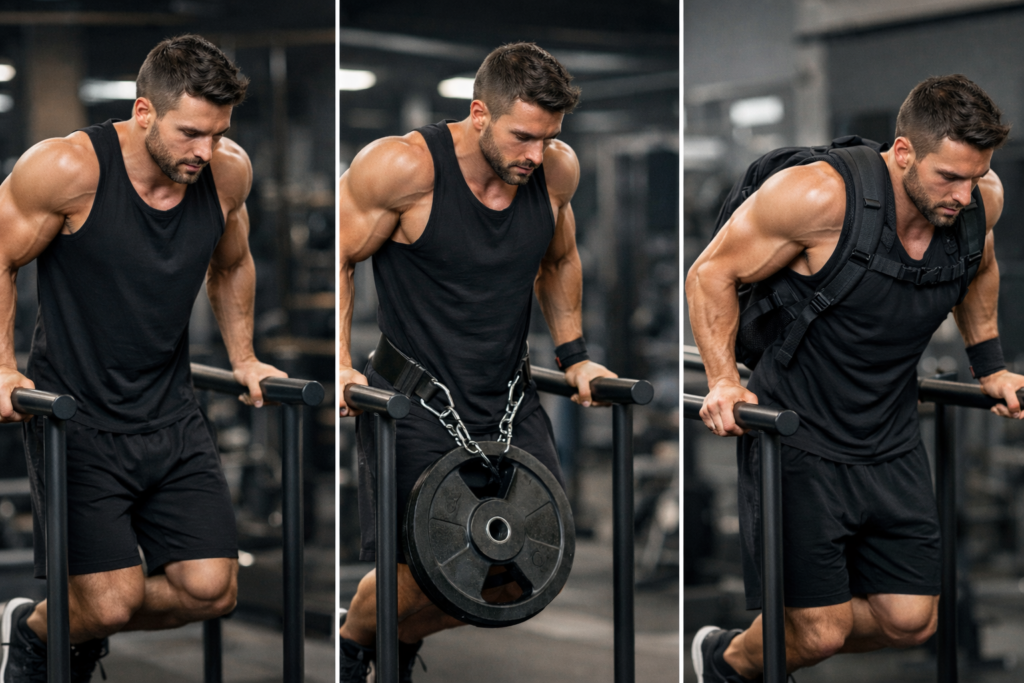 Parallel-bar-dips-progression-with-added-load