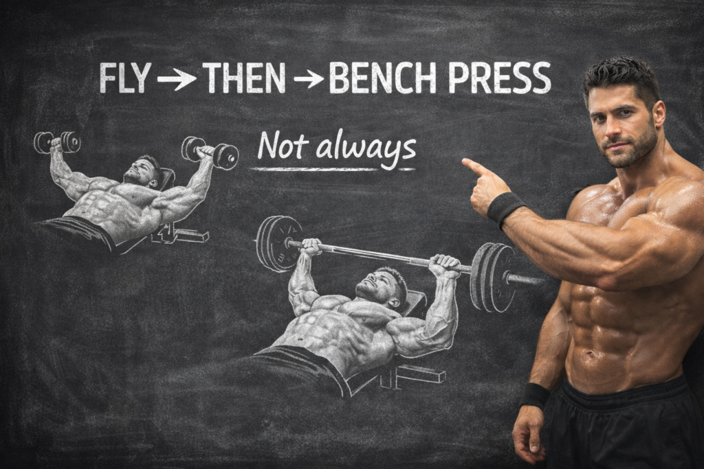 Chalkboard-style-diagram-showing-fly-then-bench-press-sequence-with-arrows-and-note-not-always