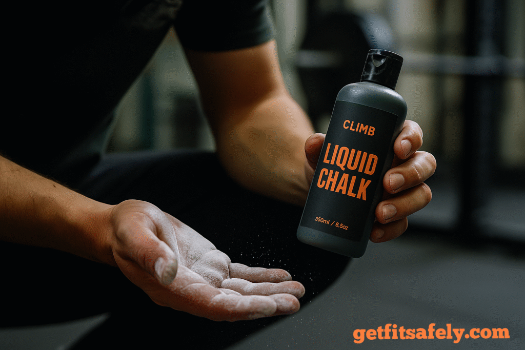 Athlete-applying-liquid-chalk-on-hands-in-gym