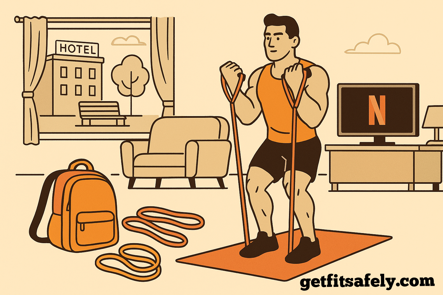 Man-doing-resistance-band-exercise-hotel-room